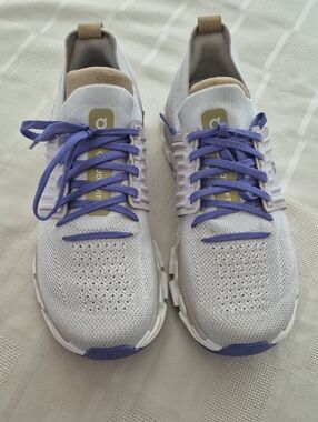 On Running Women's White Sneakers with Purple Laces and Tan Accents